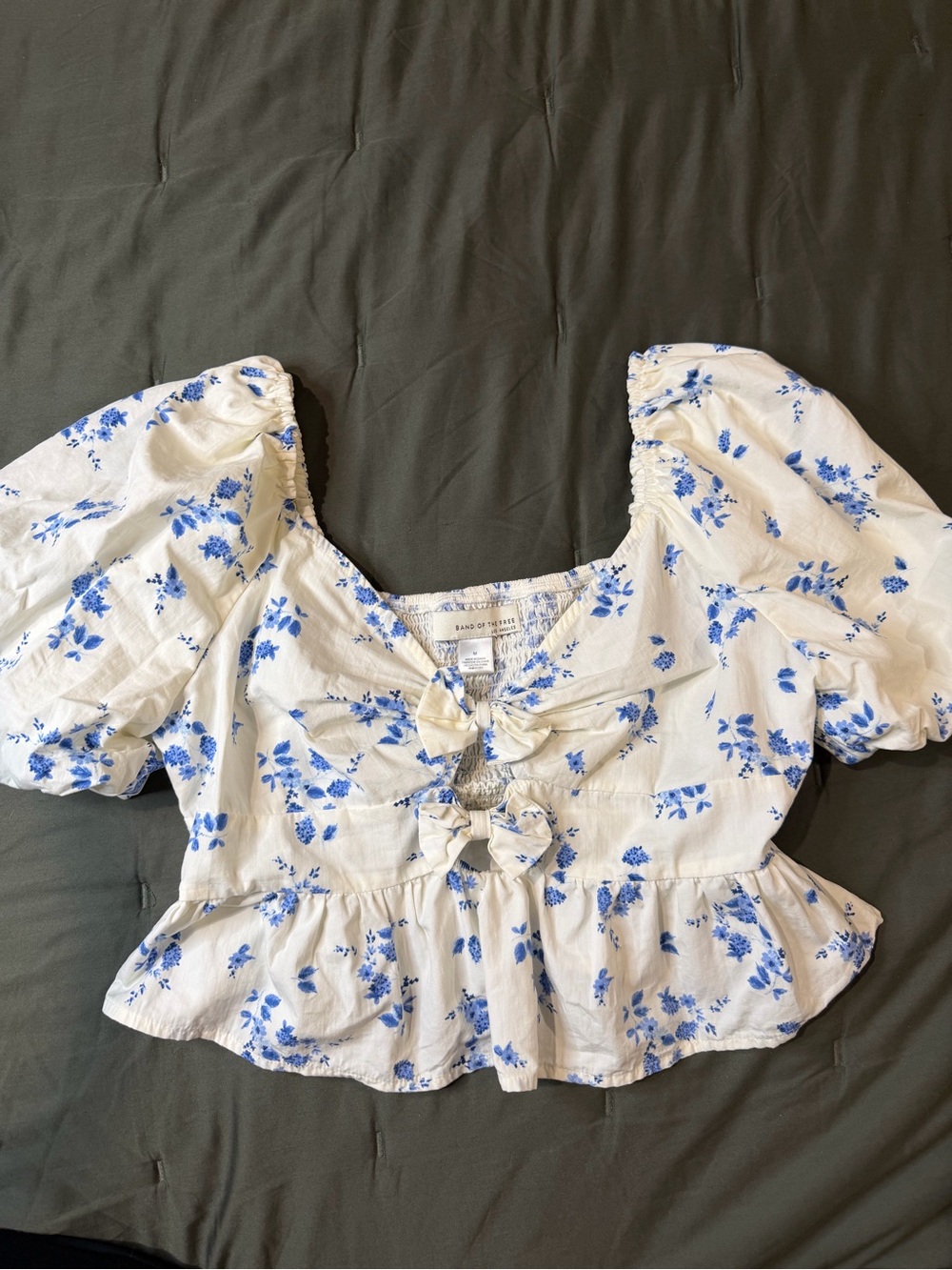Blue Floral Puff-Sleeve Tie-Front Blouse